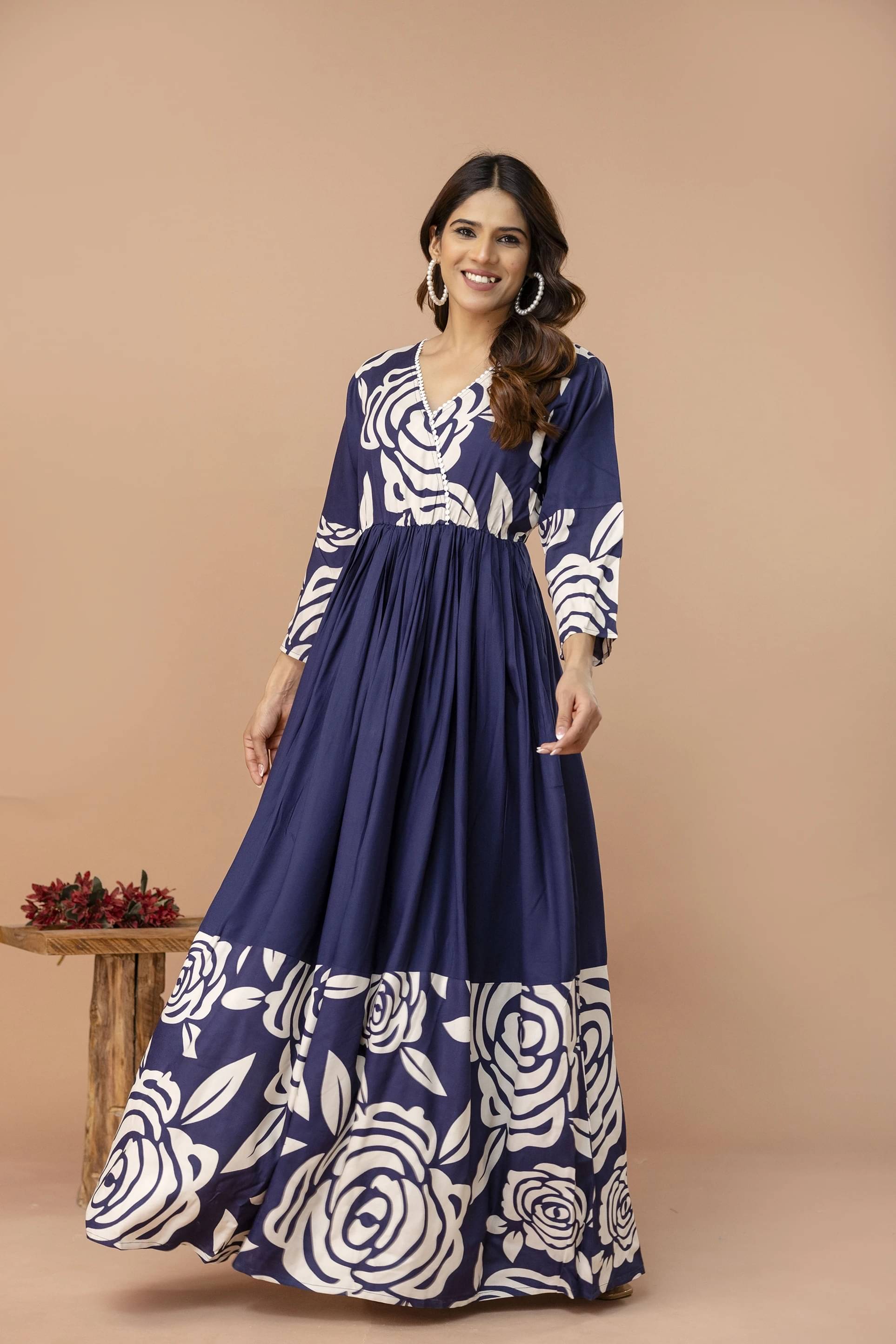Purshottam Wala Women Viscose Rayon Printed A-line Dress ( Blue )     			Purshottam Wala Women Viscose Rayon Printed A-line Dress ( Blue )
