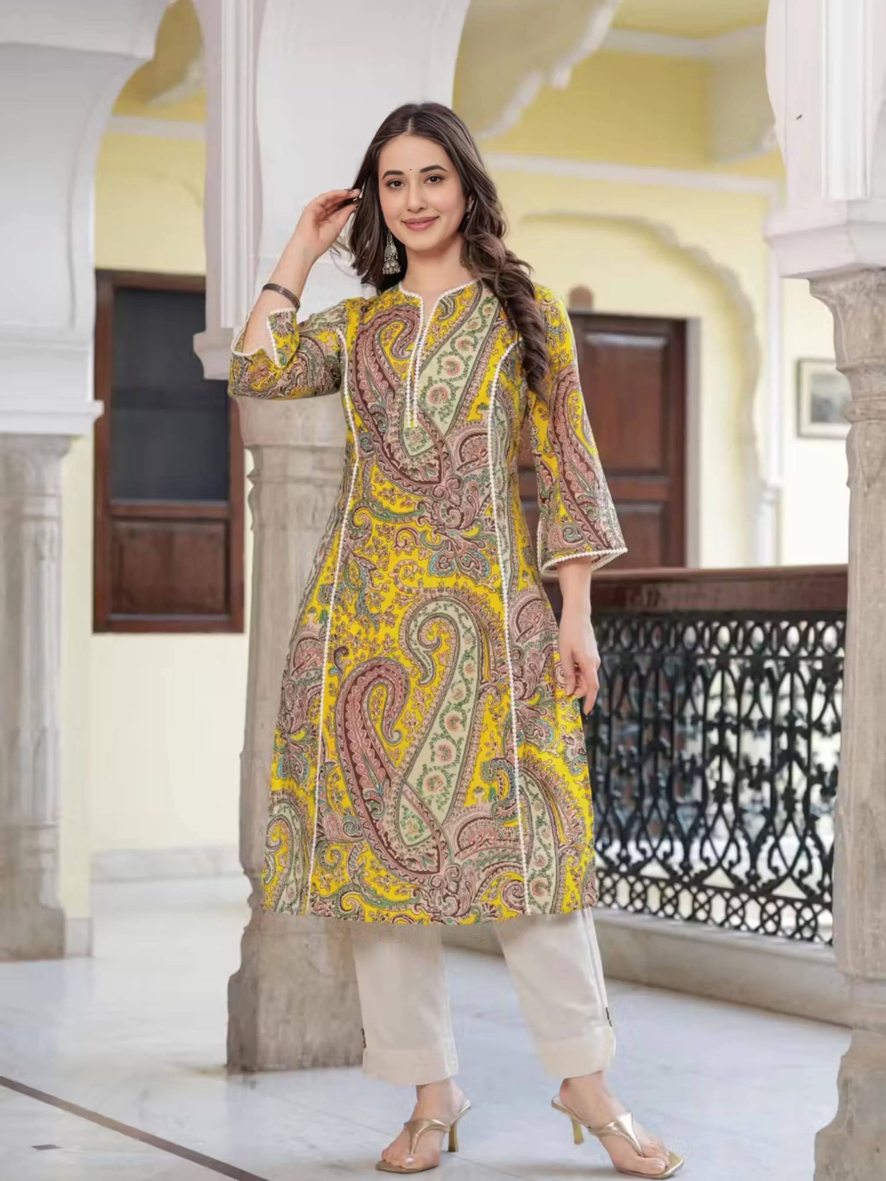 Royal Export Women Cotton Blend Printed Straight Kurti ( Yellow ) - Kurtis, Tunics | Buy online on ZillyBuy