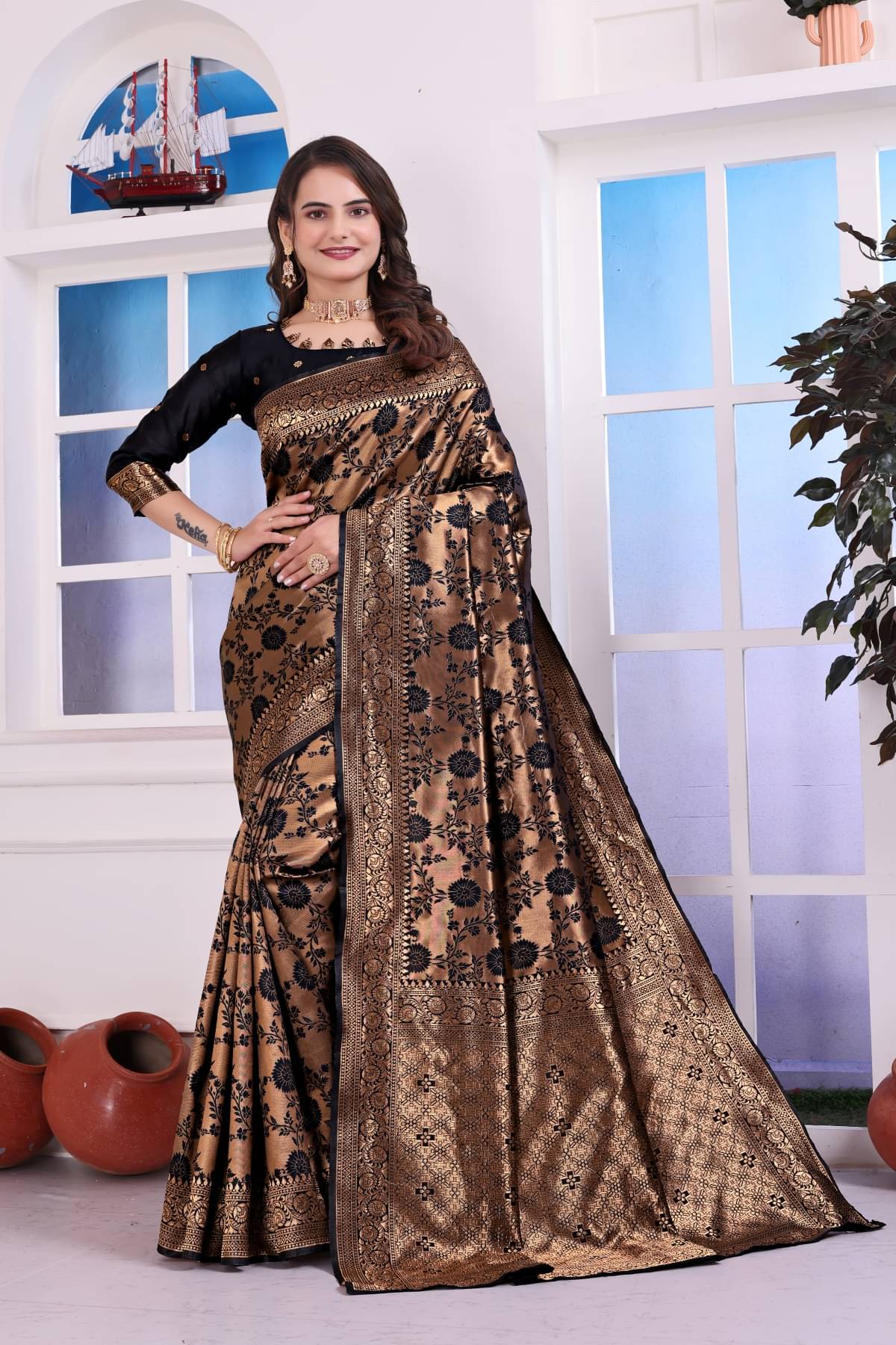 Rv fashion Cotton Silk Printed Banarasi saree With Unstitched Blouse Piece ( Black )     			Rv fashion Cotton Silk Printed Banarasi saree With Unstitched Blouse Piece ( Black )