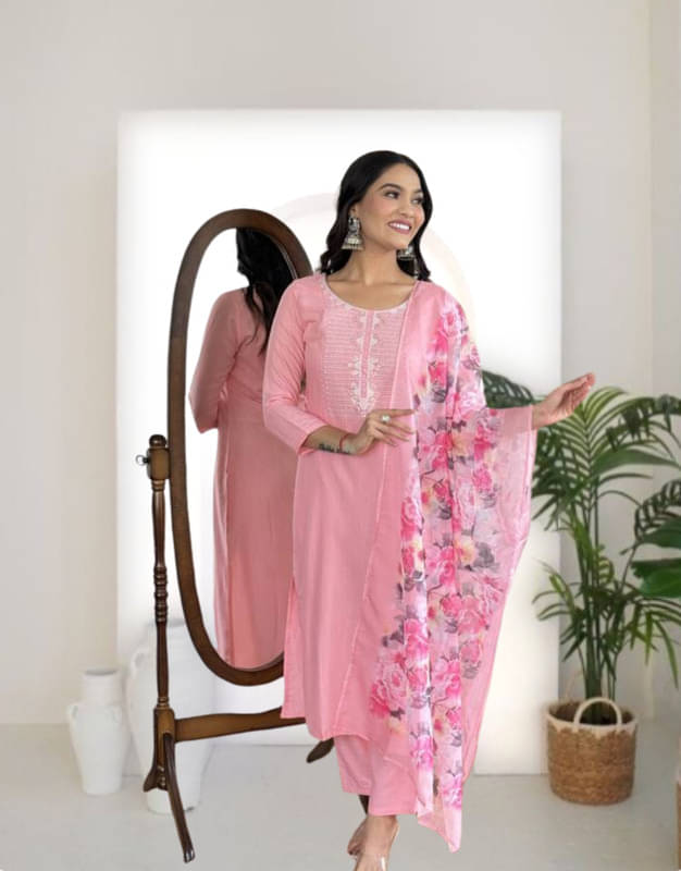 Supar Sleave Women Rayon Embroidered Straight Kurti With Pants ( Pink ) Supar Sleave Women Rayon Embroidered Straight Kurti With Pants ( Pink )