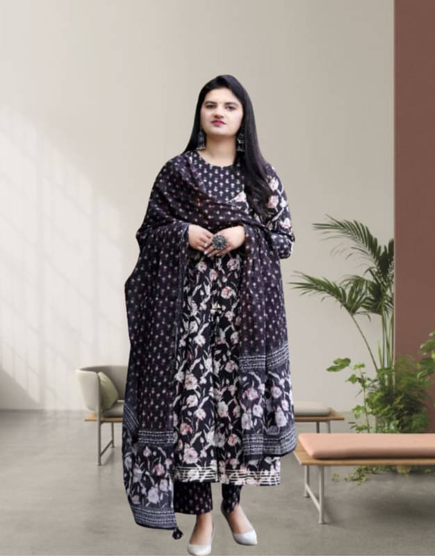 Supar Sleave Women Rayon Printed Anarkali Kurti With Pants ( Black )     			Supar Sleave Women Rayon Printed Anarkali Kurti With Pants ( Black )