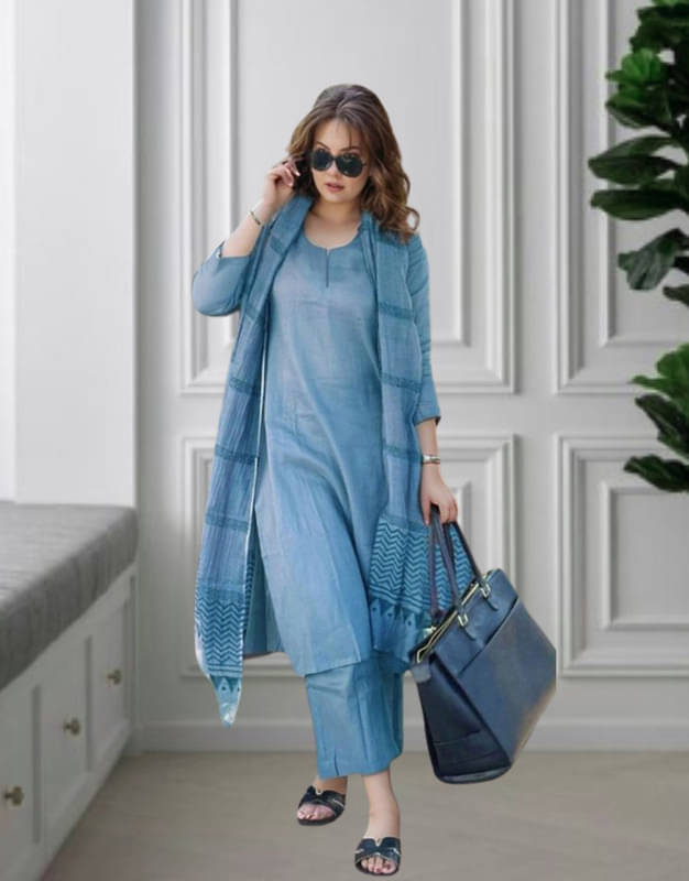 Supar Sleave Women Rayon Solid Straight Kurti With Pants ( Blue ) Supar Sleave Women Rayon Solid Straight Kurti With Pants ( Blue )