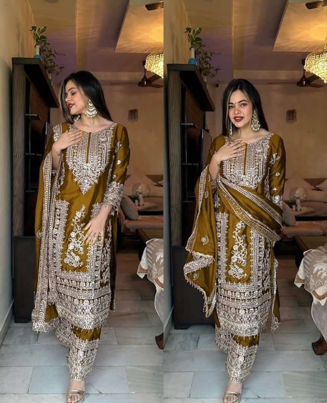     			Supar Sleave Women Silk Blend Embroidered Straight Kurti With Pants ( Mustard )