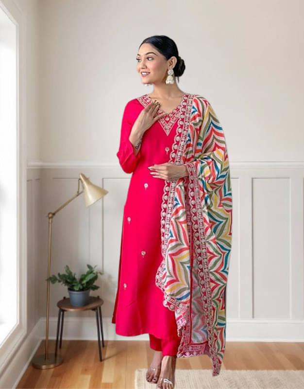     			Supar Sleave Women Viscose Embroidered Straight Kurti With Pants ( Pink )