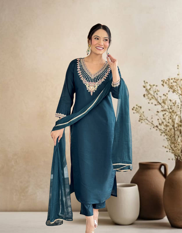     			Supar Sleave Women Viscose Embroidered Straight Kurti With Pants ( Dark Blue )