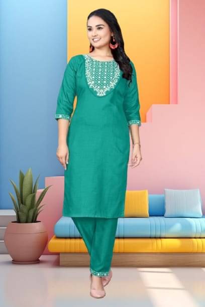 TRIONZA Women Cotton Embroidered A-line Kurti ( Green ) TRIONZA Women Cotton Embroidered A-line Kurti ( Green )