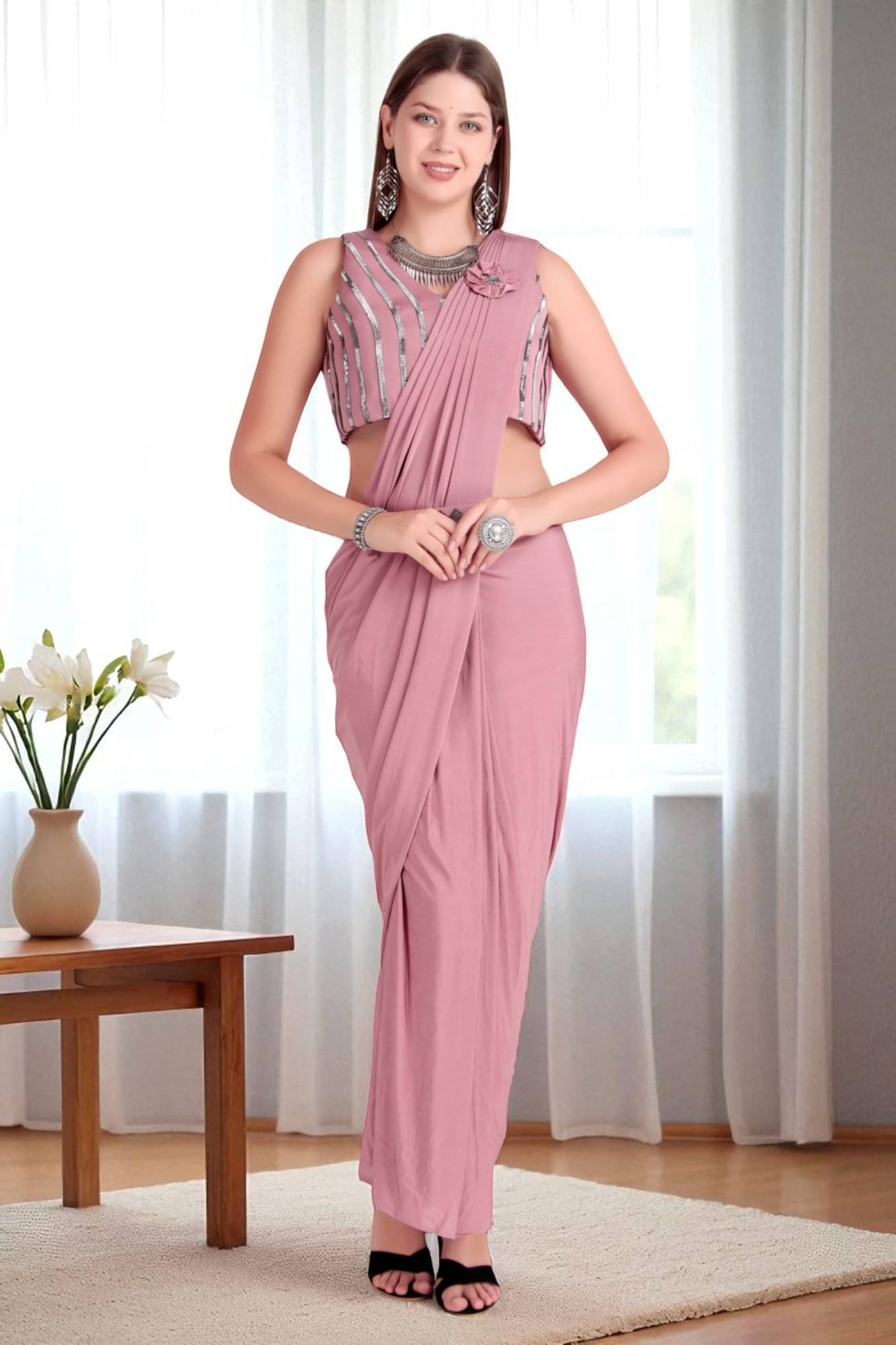 Traquila Lycra Solid Regular Saree With Stitched Blouse ( Peach ) Traquila Lycra Solid Regular Saree With Stitched Blouse ( Peach )