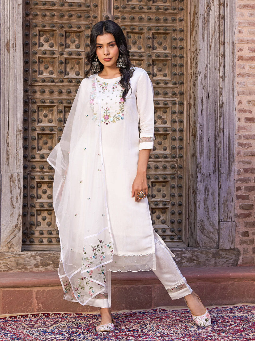 Varni Fabrics Women Chanderi Printed A-line Kurti With Pants ( White ) Varni Fabrics Women Chanderi Printed A-line Kurti With Pants ( White )
