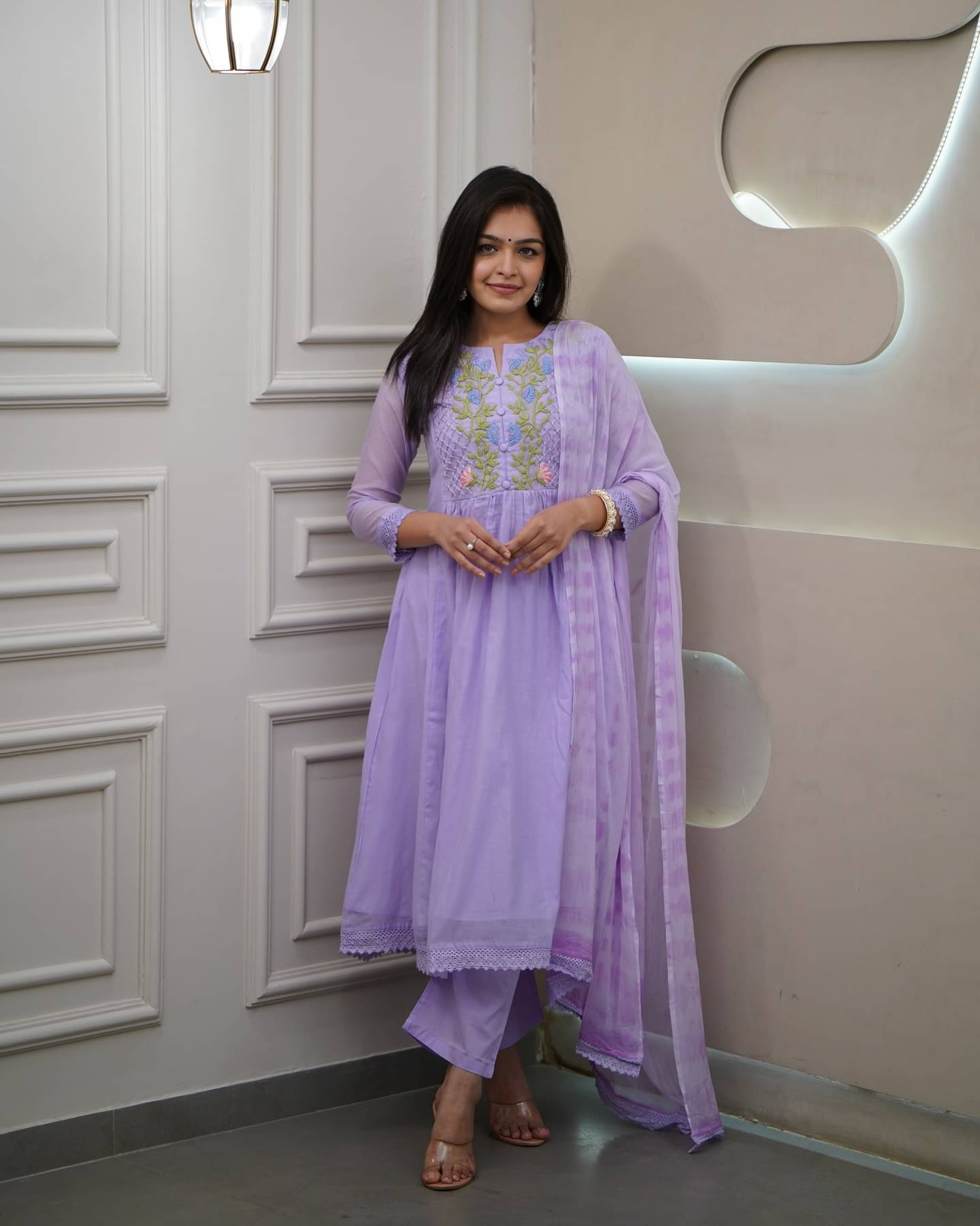     			Varni Fabrics Women Georgette Printed A-line Kurti With Pants ( Lavender )