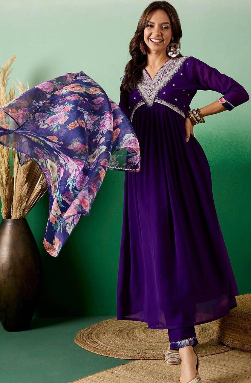 Varni Fabrics Women Georgette Printed A-line Kurti With Pants ( Purple ) Varni Fabrics Women Georgette Printed A-line Kurti With Pants ( Purple )