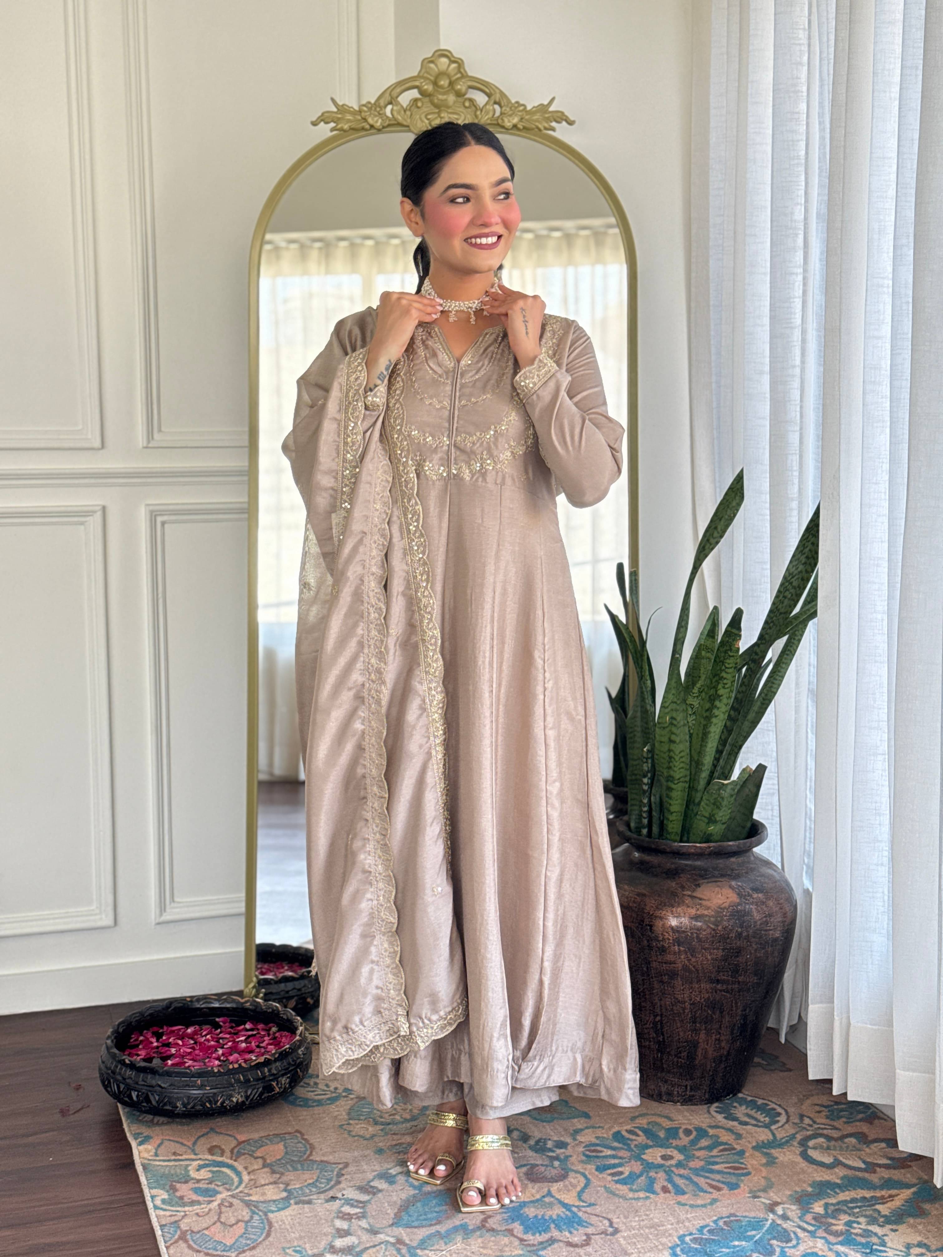 Varni Fabrics Women Silk Blend Printed A-line Kurti With Pants ( Cream )     			Varni Fabrics Women Silk Blend Printed A-line Kurti With Pants ( Cream )