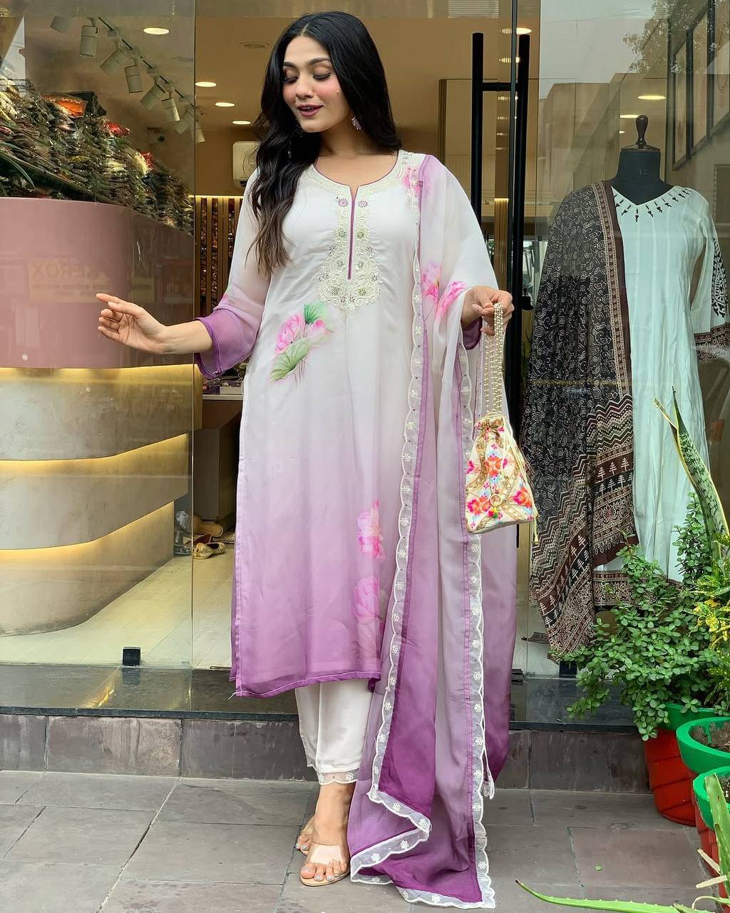 Varni Fabrics Women Silk Printed A-line Kurti With Pants ( Lavender ) Varni Fabrics Women Silk Printed A-line Kurti With Pants ( Lavender )