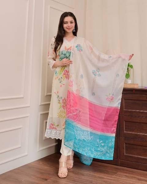 Varni Fabrics Women Silk Printed A-line Kurti With Pants ( Off White ) Varni Fabrics Women Silk Printed A-line Kurti With Pants ( Off White )