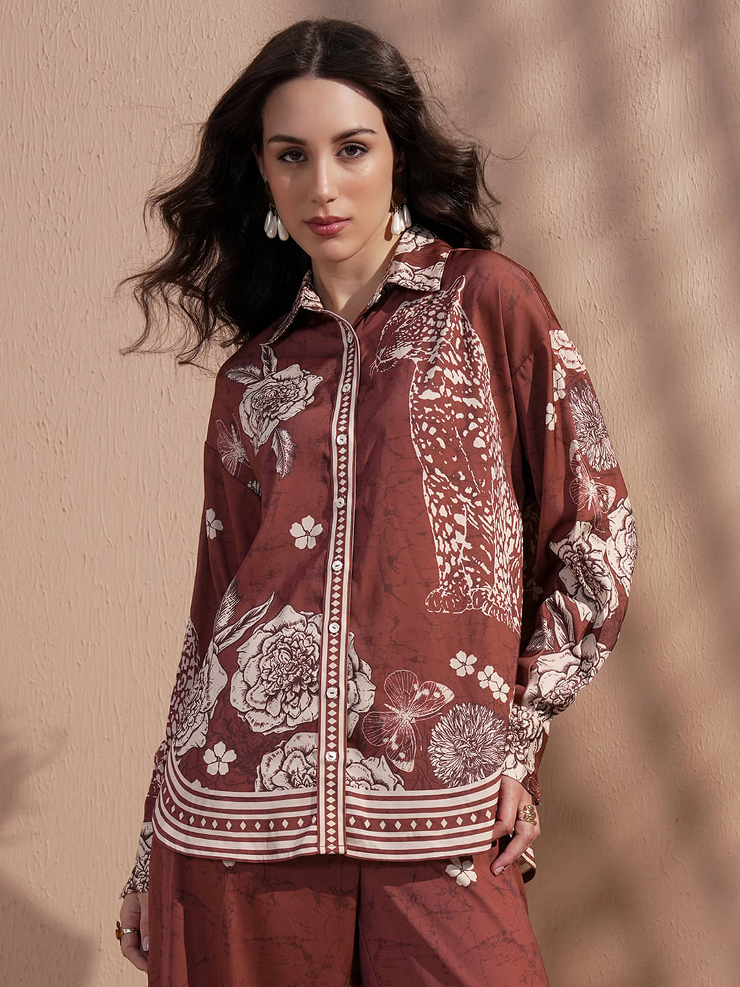 Vishudh Women Printed Poly Cotton Shirt ( Brown ) Vishudh Women Printed Poly Cotton Shirt ( Brown )