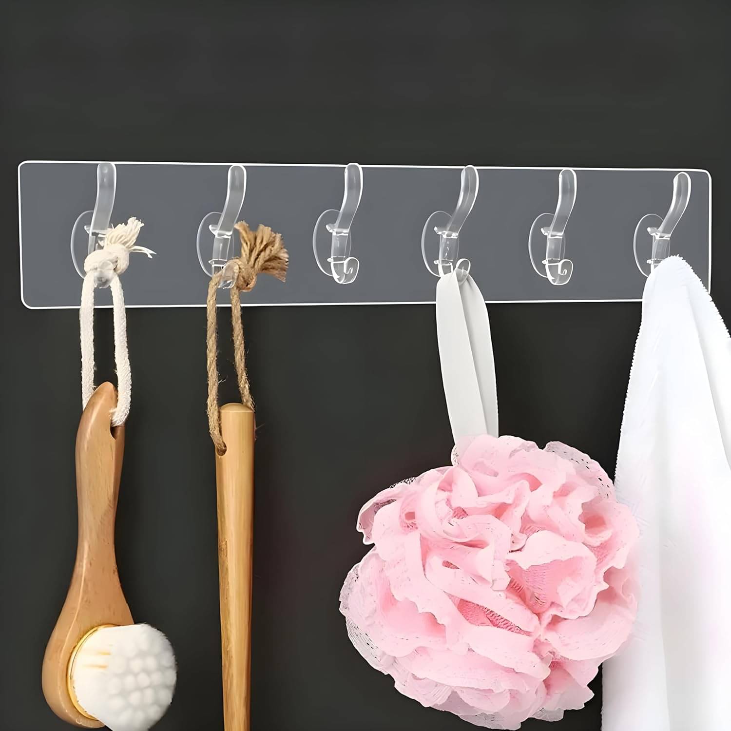     			WHIMSICAL WONDERS Hooks for Wall Without Drilling - 6 Hook Strip (2 Pack) - Transparent, Wall Mounted Hooks for Hanging Strong - Adhesive Hooks for Heavy Duty (Transparent 6 Hook Strip, 2)