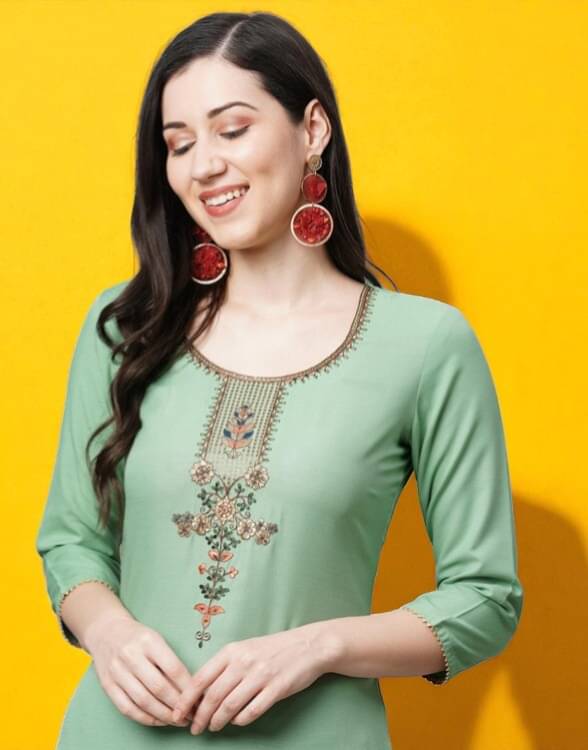     			Zorista Women Rayon Embroidered A-line Kurti With Pants ( Green )