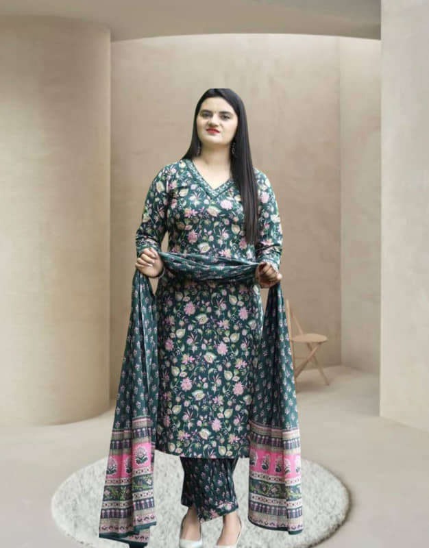 piludi Women Rayon printed Straight Kurti With Pants ( Green )