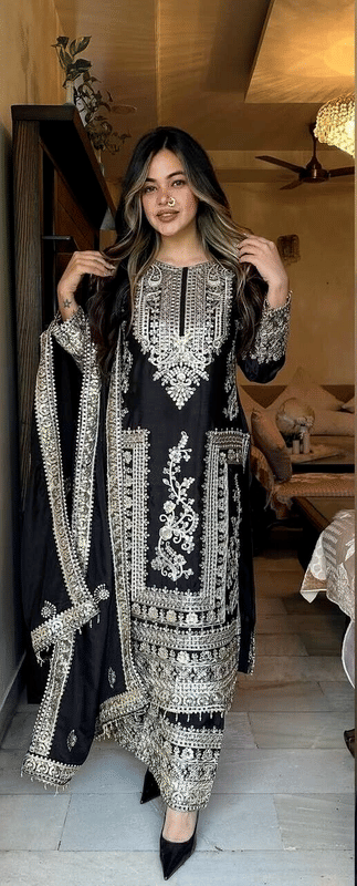     			piludi Women Silk Blend Embroidered Straight Kurti With Pants ( Black )
