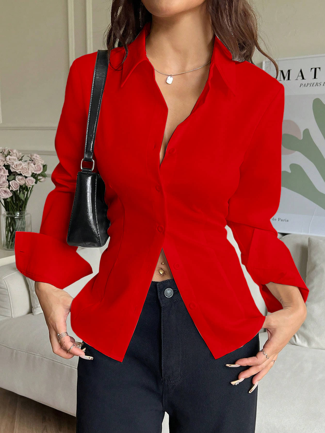 Aahwan Women Solid Polyester Shirt ( Red ) Aahwan Women Solid Polyester Shirt ( Red )