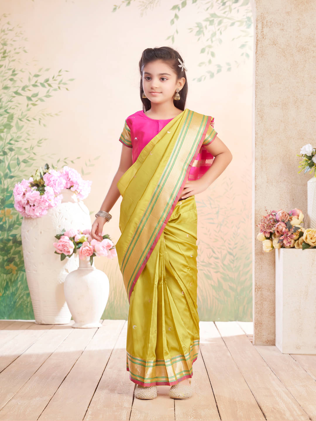     			Aarika Silk Ready To Wear Saree For Girls ( Olive Green , Pack of 1 )