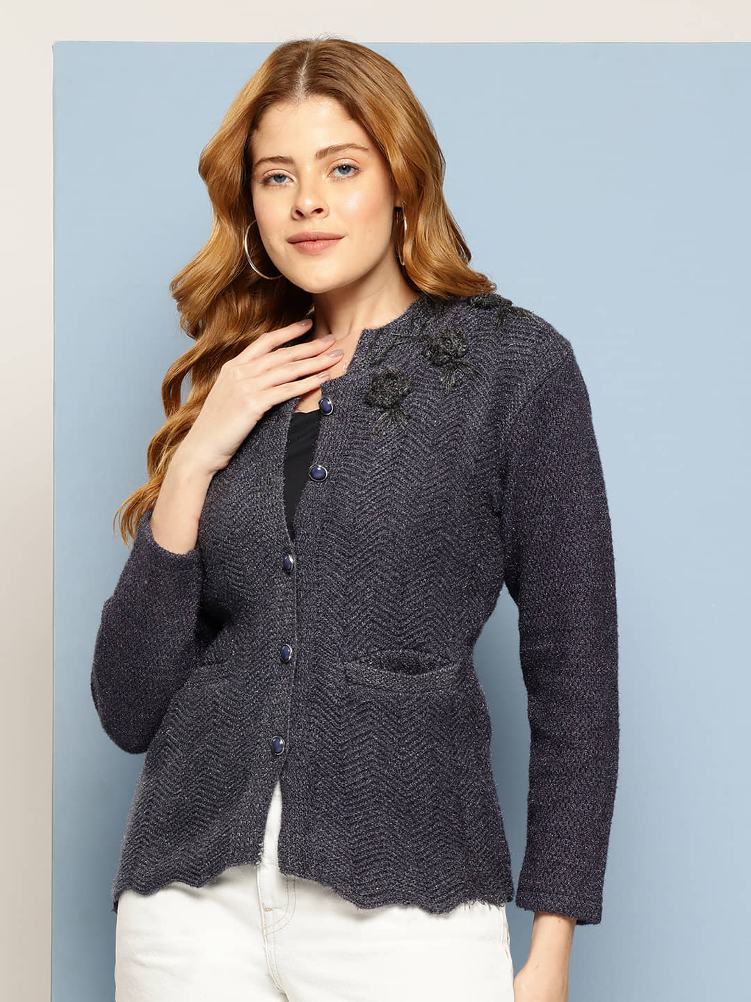 Aarika Women Woollen Shirt Collar Cardigan ( Grey )