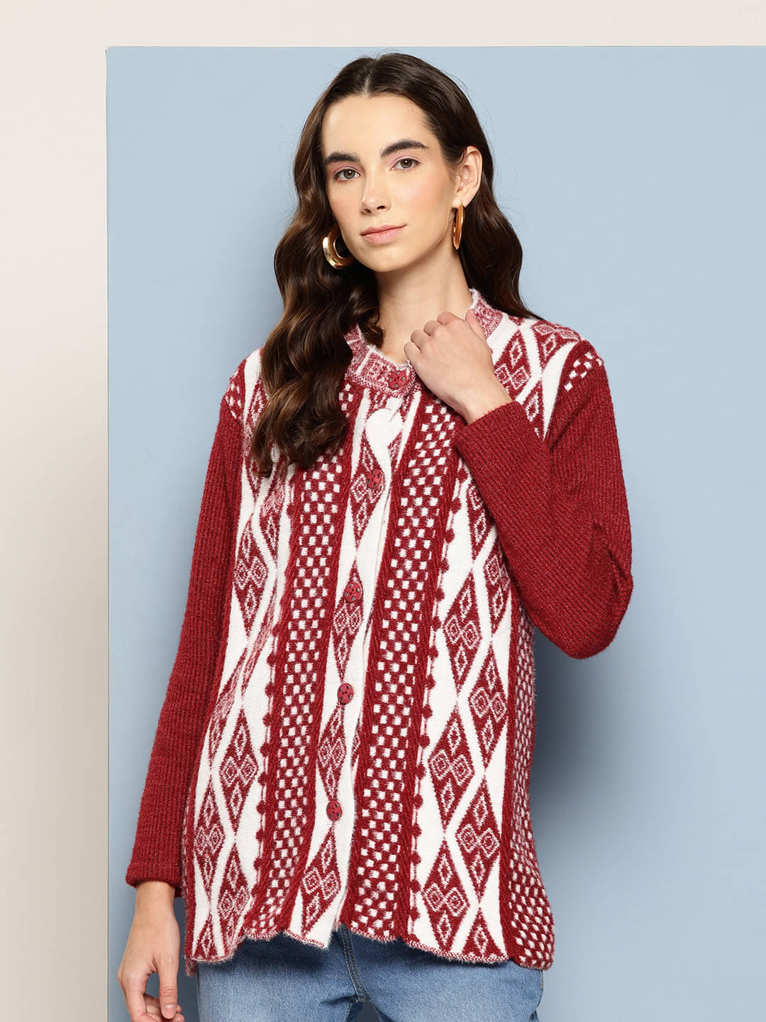 Aarika Women Woollen Shirt Collar Cardigan ( Maroon ) Aarika Women Woollen Shirt Collar Cardigan ( Maroon )