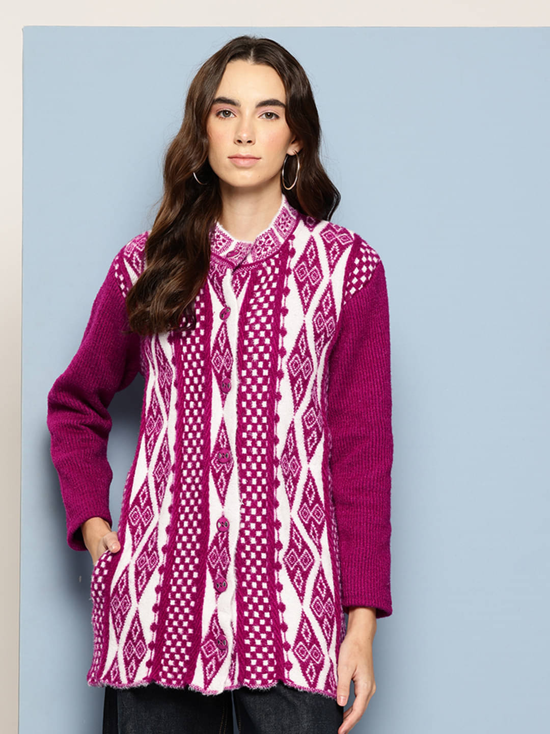 Aarika Woollen Regular Collar Women's Buttoned Cardigans - Purple ( Single ) Aarika Woollen Regular Collar Women's Buttoned Cardigans - Purple ( Single )