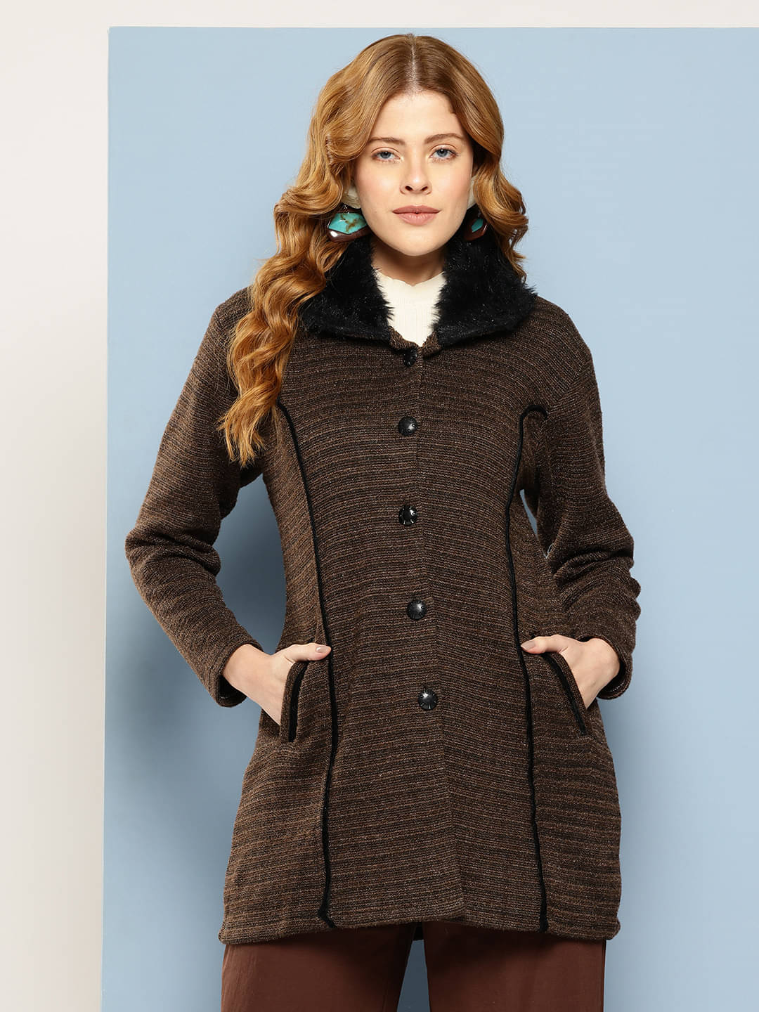 Aarika Woollen Regular Collar Women's Buttoned Cardigans - Brown ( Single ) Aarika Woollen Regular Collar Women's Buttoned Cardigans - Brown ( Single )