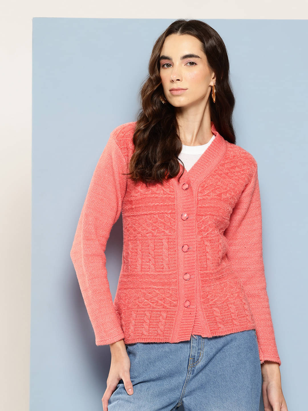     			Aarika Woollen V Neck Women's Buttoned Cardigans - Red ( Single )