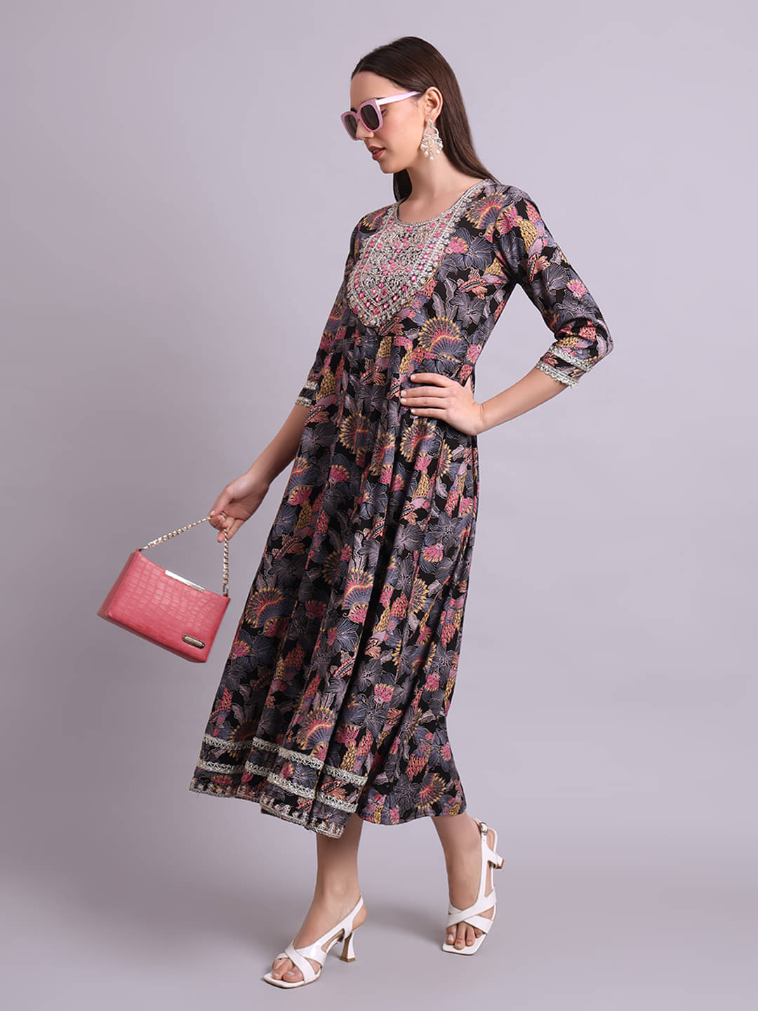     			Angkor Women Rayon Printed Anarkali Kurti ( Black )