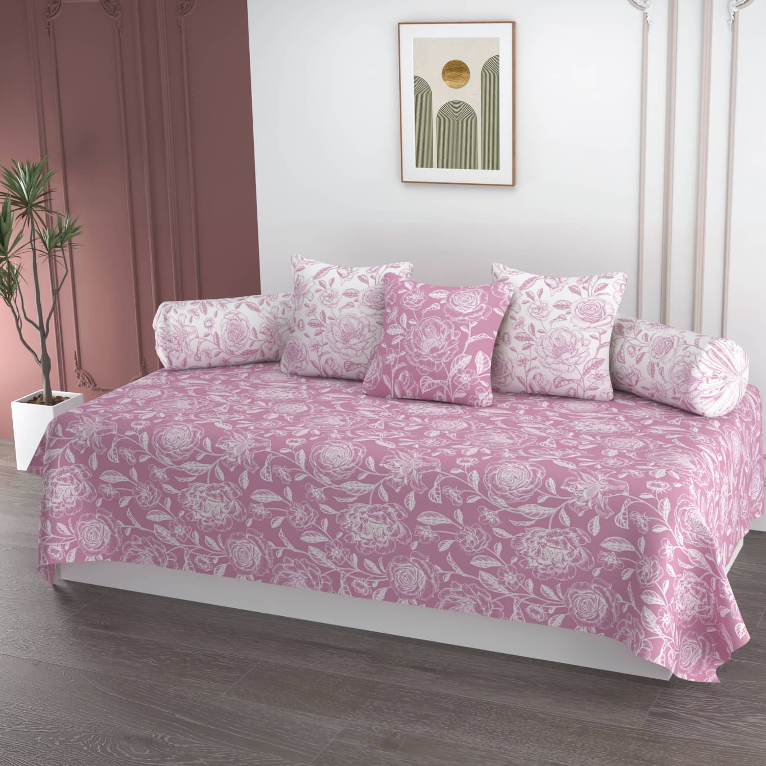     			Apala Microfibre Floral Diwan Set 6 Pcs - Pink
