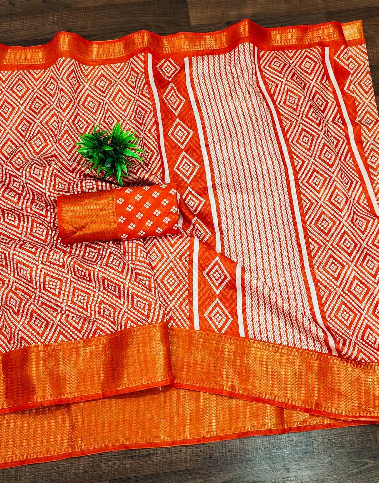 BANDHANI VILLA Cotton Blend Printed Regular Saree With Unstitched Blouse Piece ( Orange )     			BANDHANI VILLA Cotton Blend Printed Regular Saree With Unstitched Blouse Piece ( Orange )