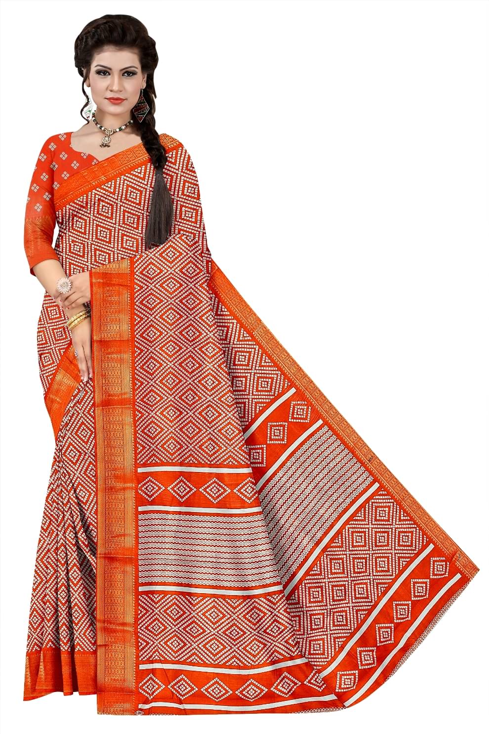     			BANDHANI VILLA Cotton Blend Printed Regular Saree With Unstitched Blouse Piece ( Orange )
