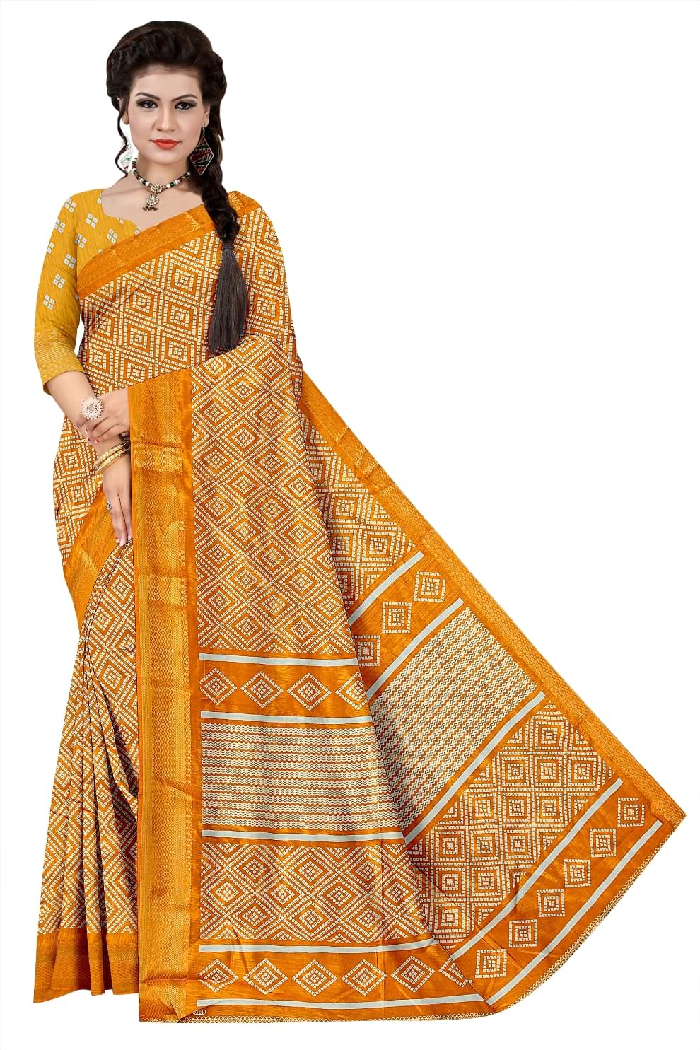     			BANDHANI VILLA Cotton Blend Printed Regular Saree With Unstitched Blouse Piece ( Mustard )