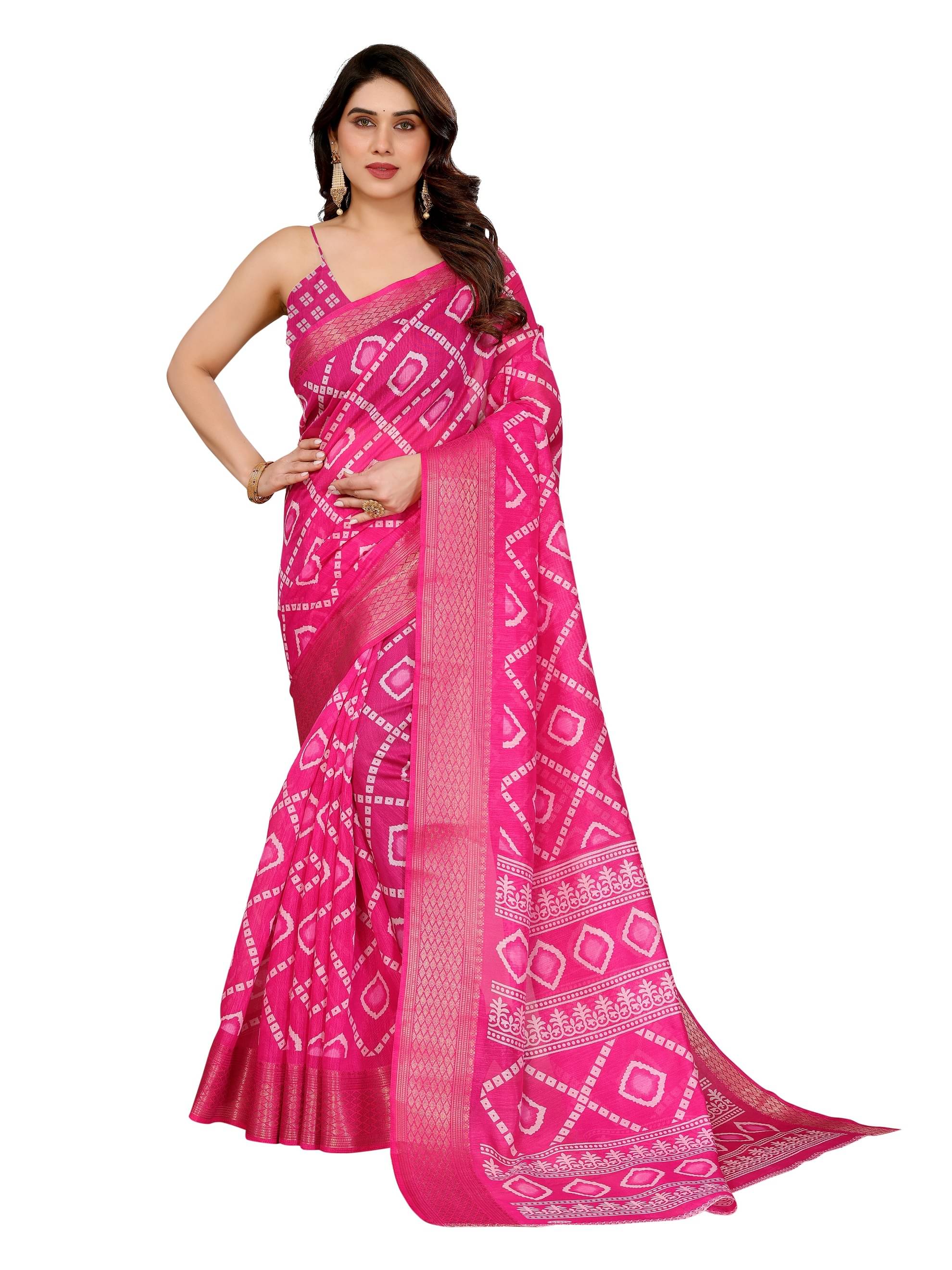 BANDHANI VILLA Cotton Blend Printed Regular Saree With Unstitched Blouse Piece ( Pink )     			BANDHANI VILLA Cotton Blend Printed Regular Saree With Unstitched Blouse Piece ( Pink )