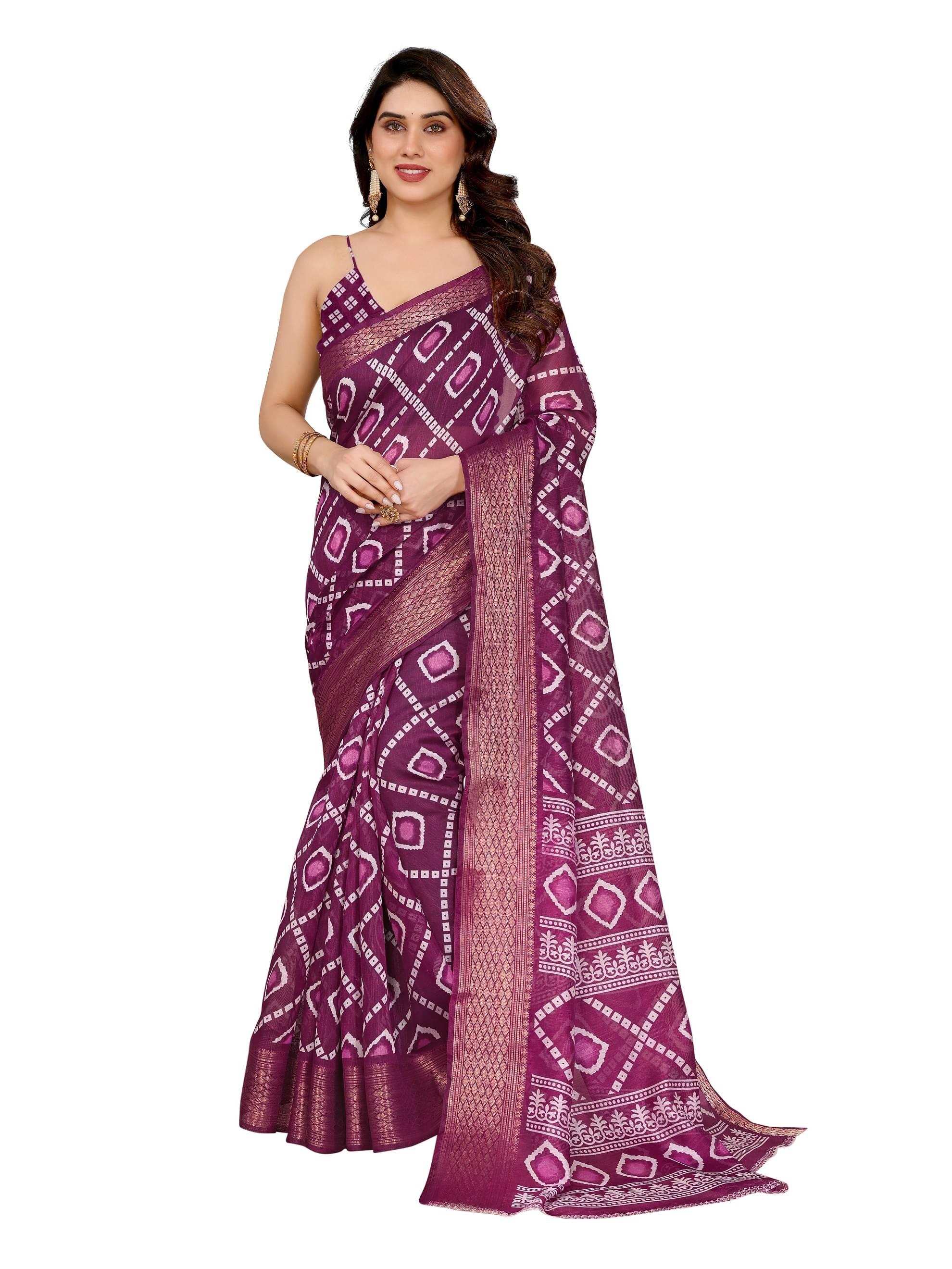 BANDHANI VILLA Cotton Blend Printed Regular Saree With Unstitched Blouse Piece ( Wine )     			BANDHANI VILLA Cotton Blend Printed Regular Saree With Unstitched Blouse Piece ( Wine )