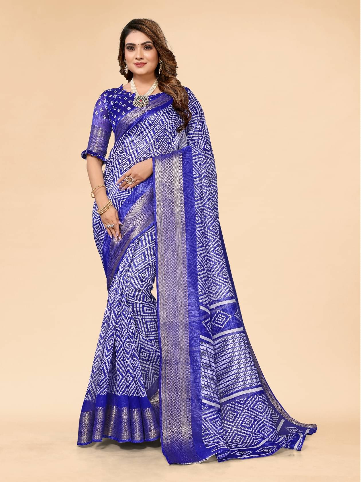 BANDHANI VILLA Cotton Blend Printed Regular Saree With Unstitched Blouse Piece ( Blue )     			BANDHANI VILLA Cotton Blend Printed Regular Saree With Unstitched Blouse Piece ( Blue )