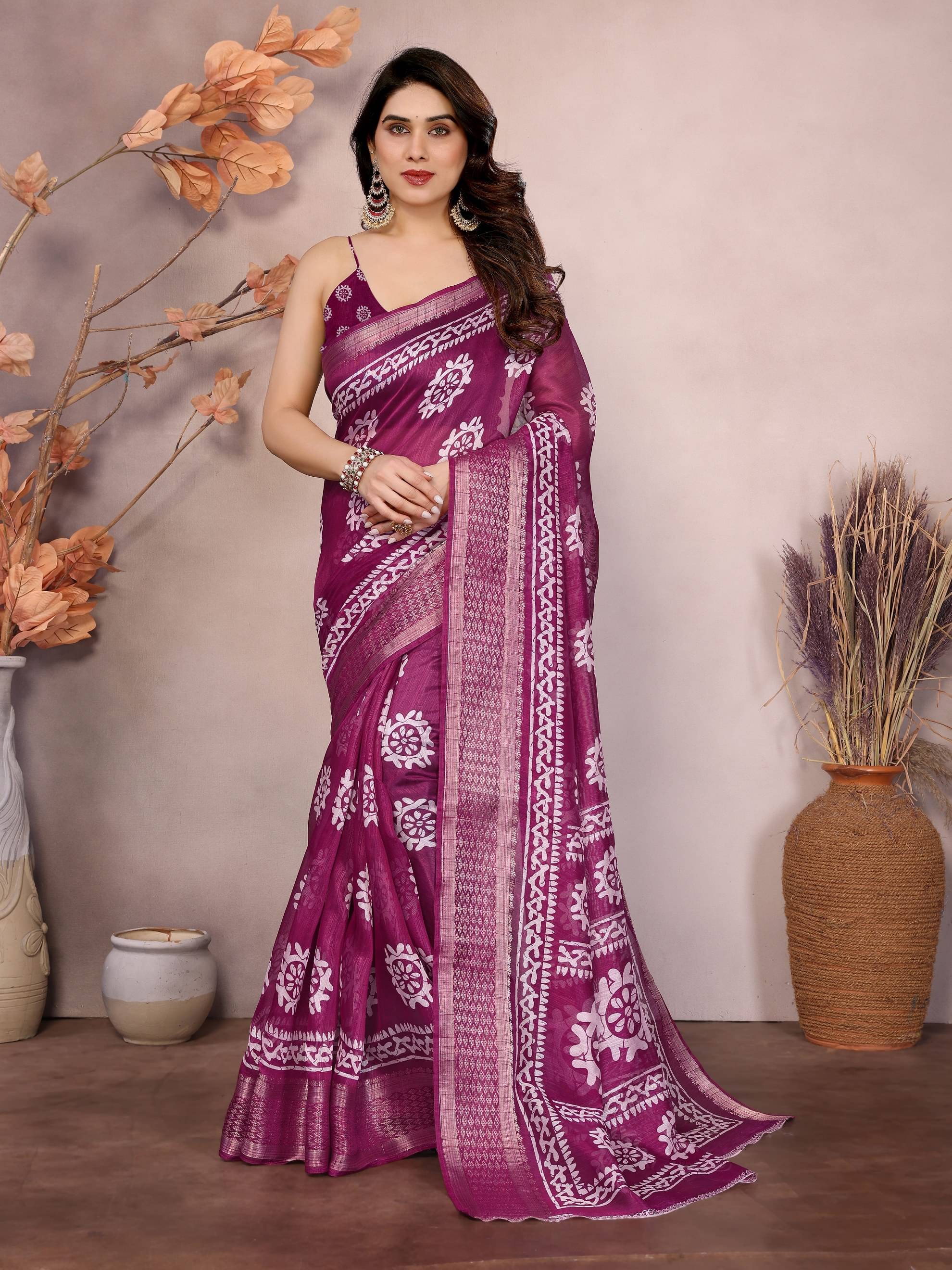 BANDHANI VILLA Cotton Blend Printed Regular Saree With Unstitched Blouse Piece ( Wine ) BANDHANI VILLA Cotton Blend Printed Regular Saree With Unstitched Blouse Piece ( Wine )