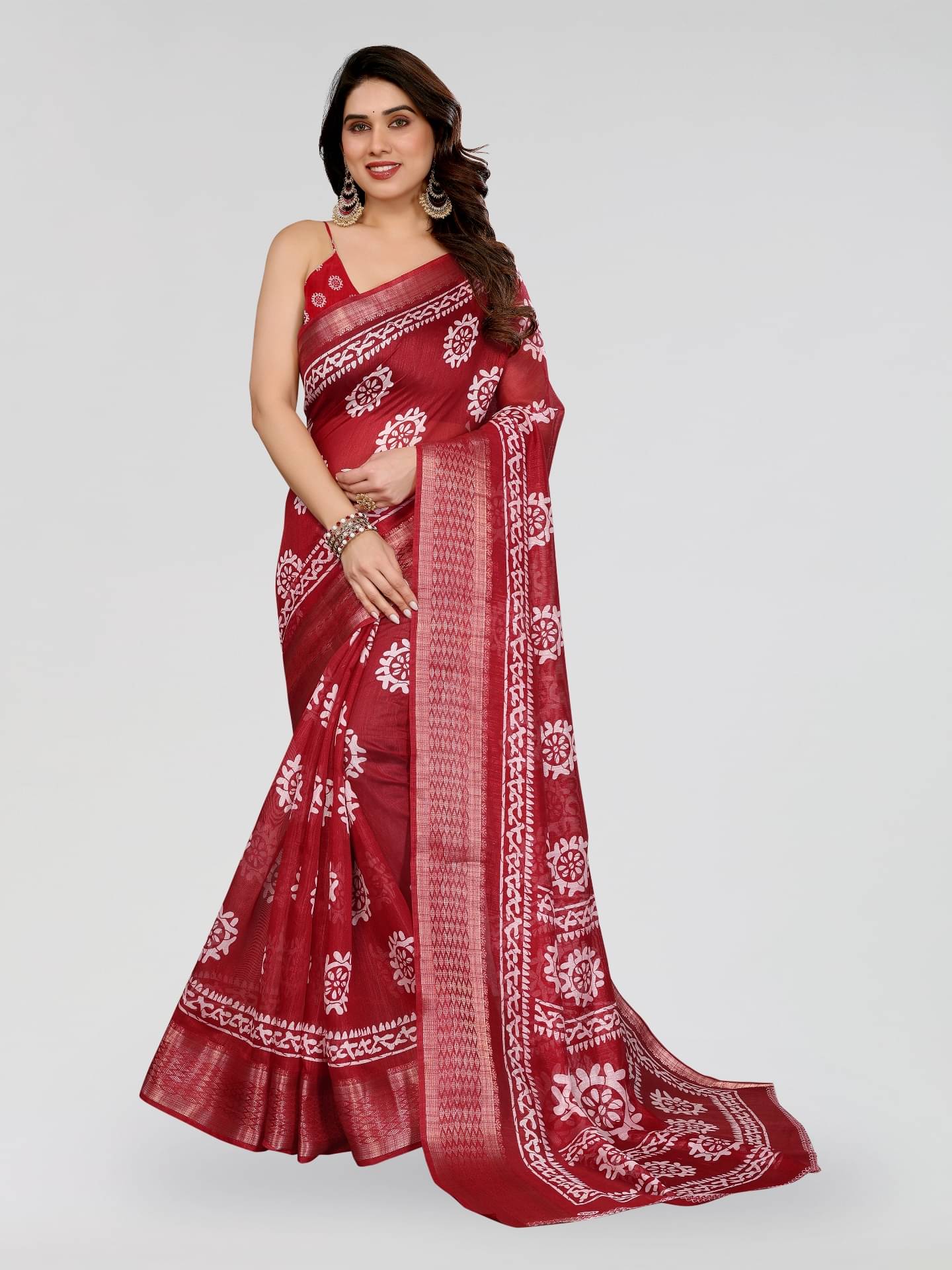     			BANDHANI VILLA Cotton Blend Printed Regular Saree With Unstitched Blouse Piece ( Maroon )
