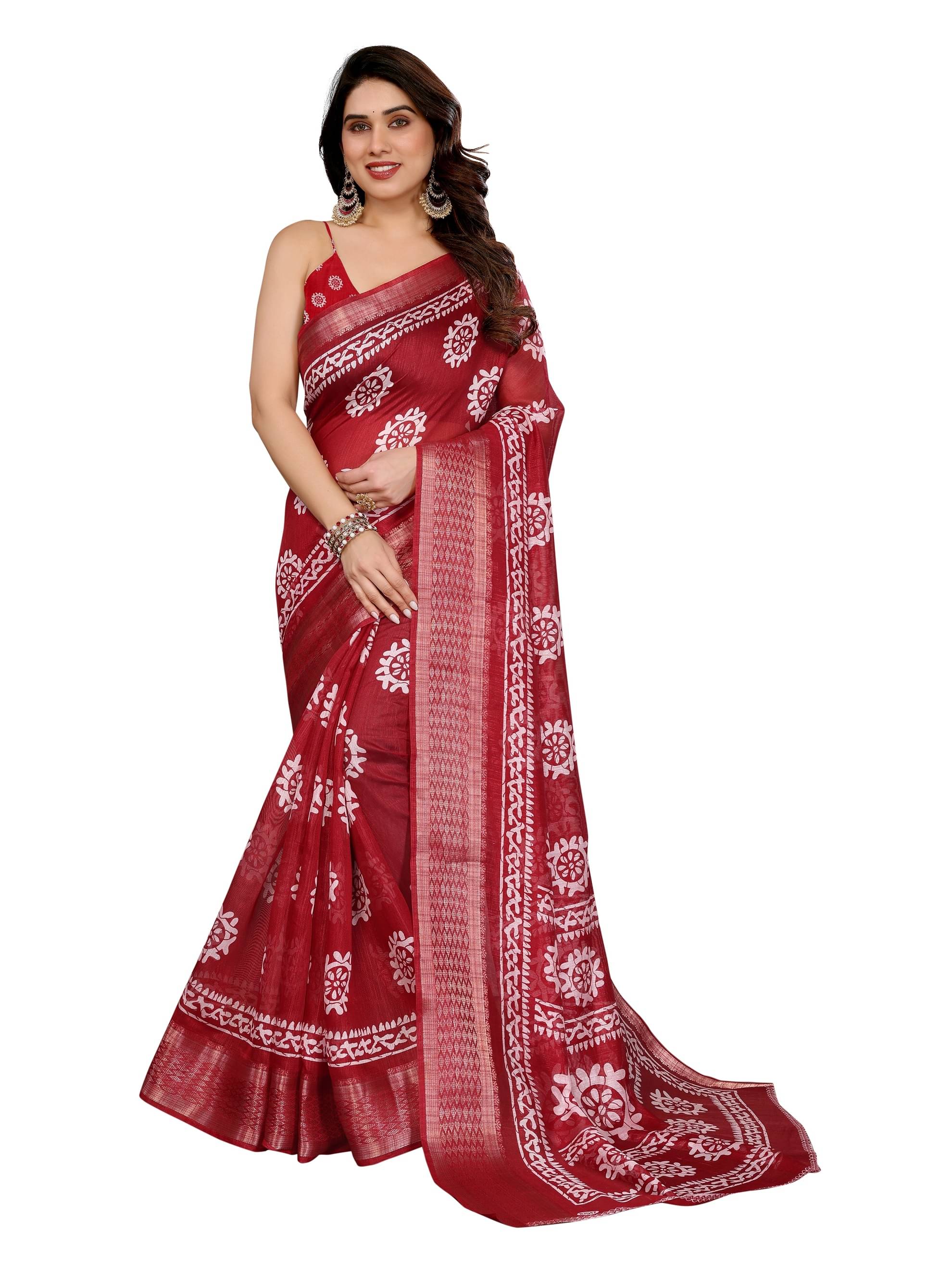 BANDHANI VILLA Cotton Blend Printed Regular Saree With Unstitched Blouse Piece ( Maroon )     			BANDHANI VILLA Cotton Blend Printed Regular Saree With Unstitched Blouse Piece ( Maroon )