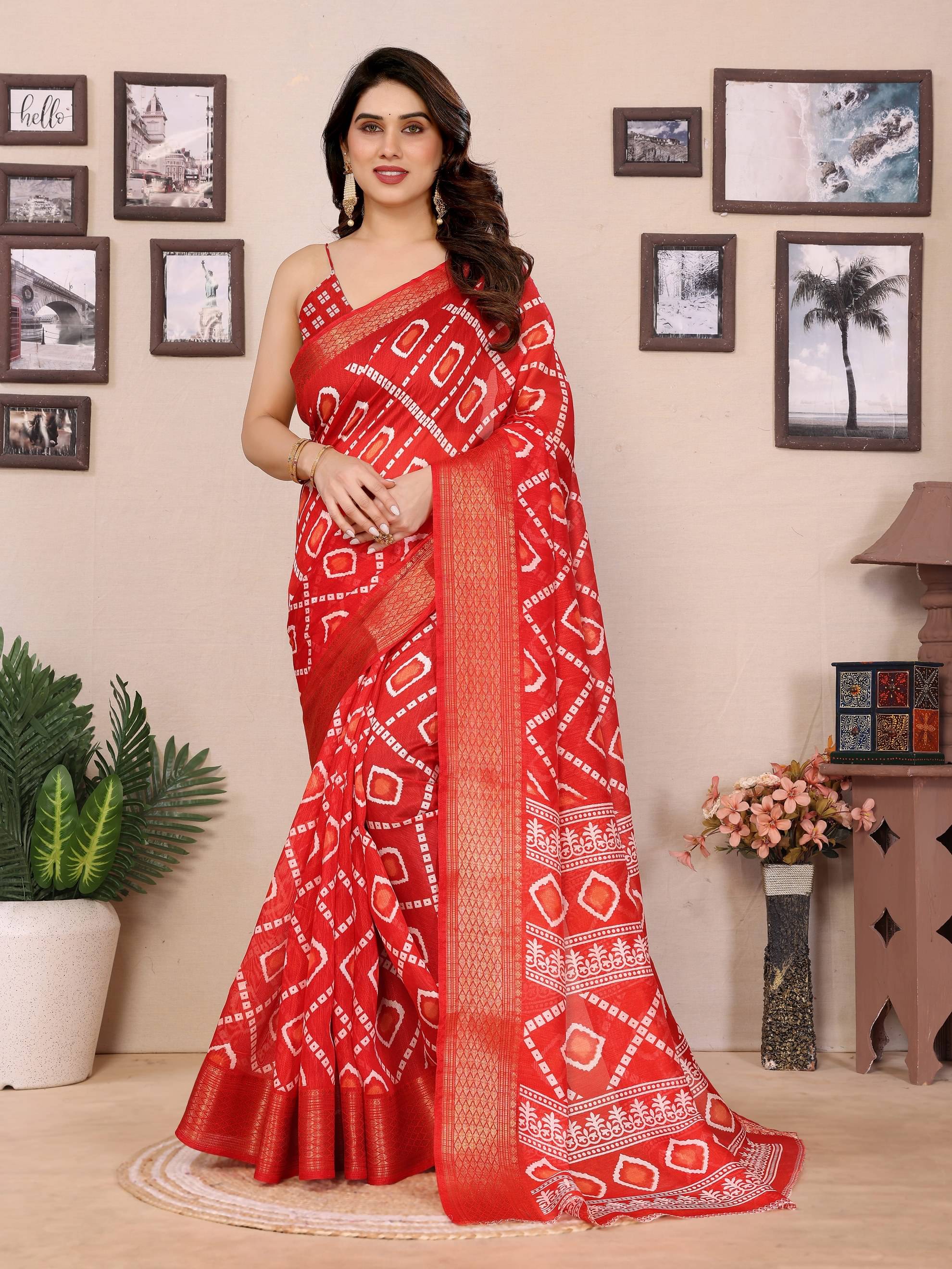     			BANDHANI VILLA Cotton Blend Printed Regular Saree With Unstitched Blouse Piece ( Red )