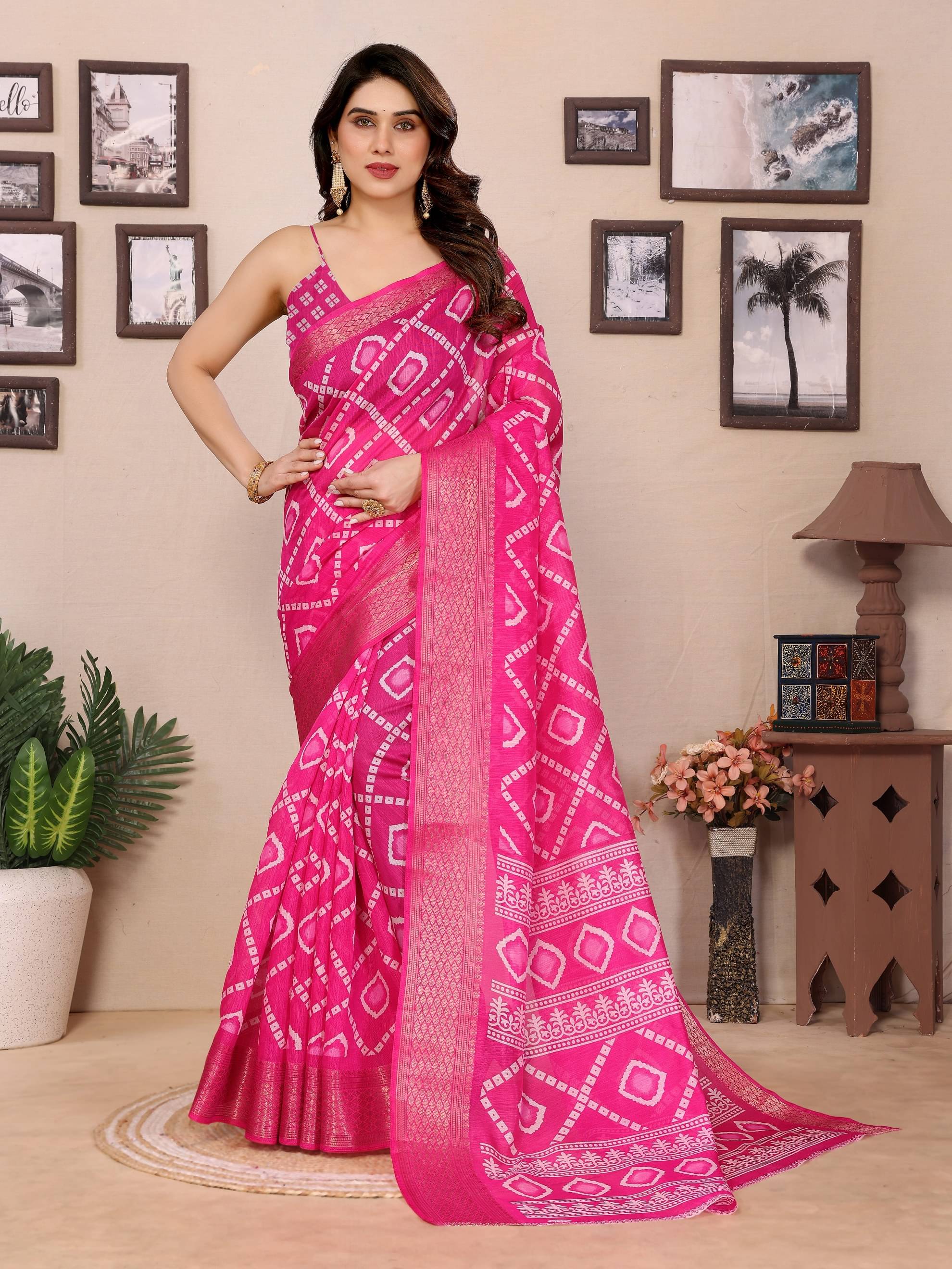     			BANDHANI VILLA Cotton Blend Printed Regular Saree With Unstitched Blouse Piece ( Pink )