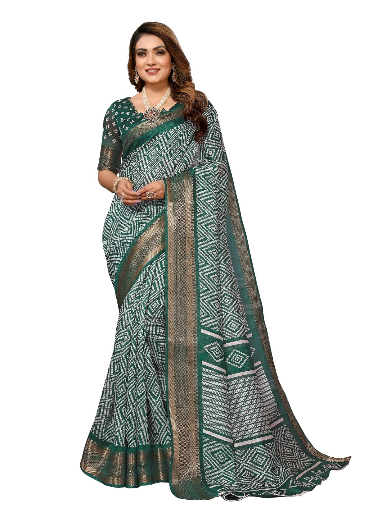 BANDHANI VILLA Cotton Blend Printed Regular Saree With Unstitched Blouse Piece ( Green ) BANDHANI VILLA Cotton Blend Printed Regular Saree With Unstitched Blouse Piece ( Green )