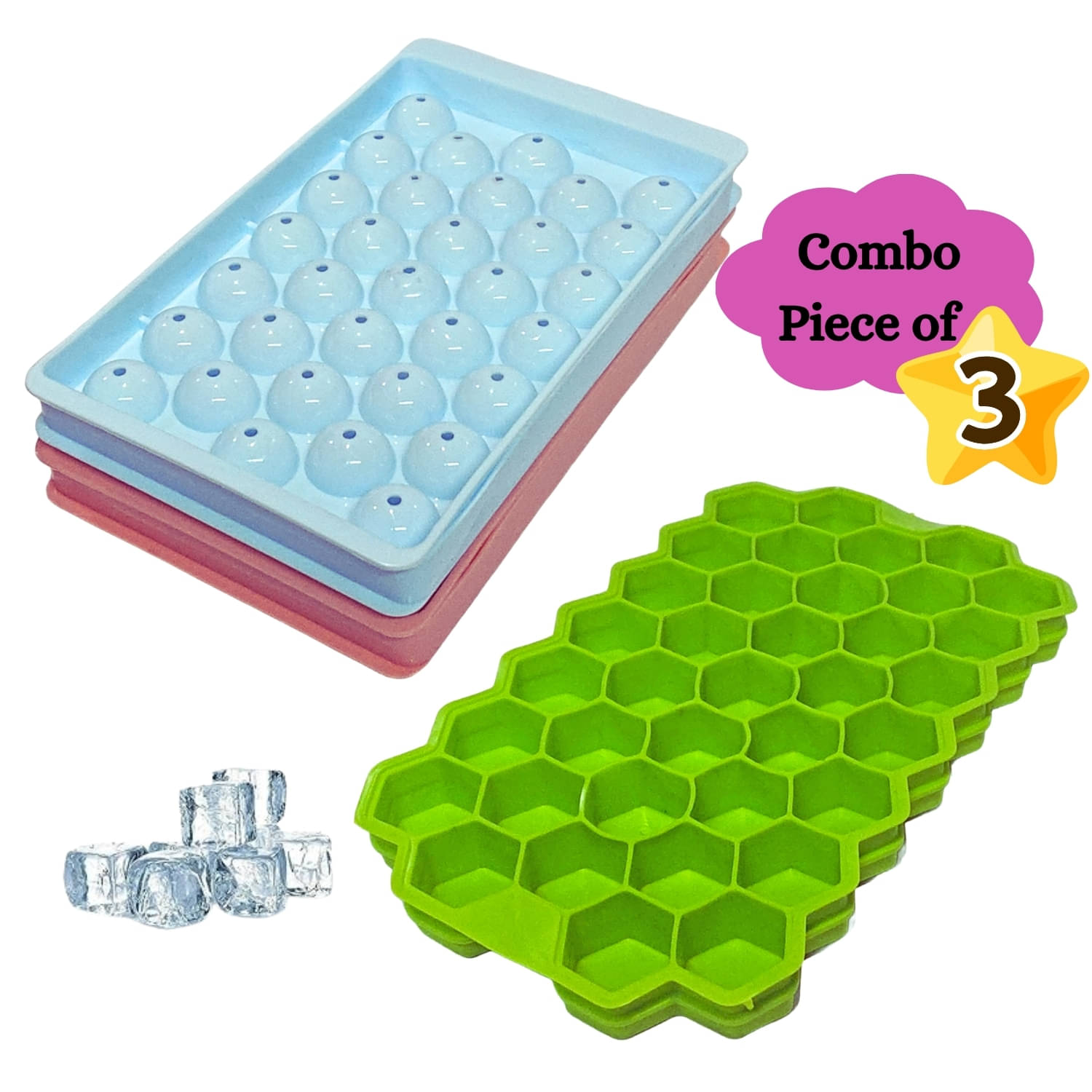     			Combo Pack of 4 Round Ice Cube 2 Pieces and Honey Comb Ice Cube Tray 2 Pieces Tray Ball Maker Mold for Freezer for WhiskeMini Circle Making 33PCS & Silicone Ice Cube Molds Easy-Release & Flexible Ice Trays BPA Free y Cocktail