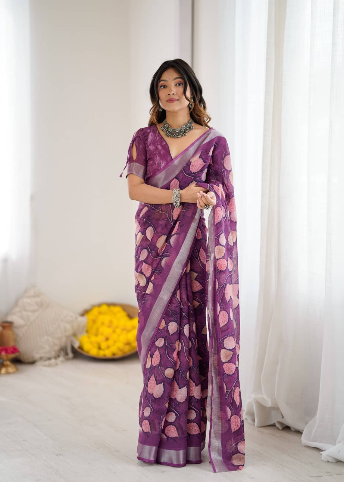 DIKONA DESIGNER Cotton Printed Kota Doria Saree With Unstitched Blouse Piece ( Purple ) - Sarees | Buy online on ZillyBuy