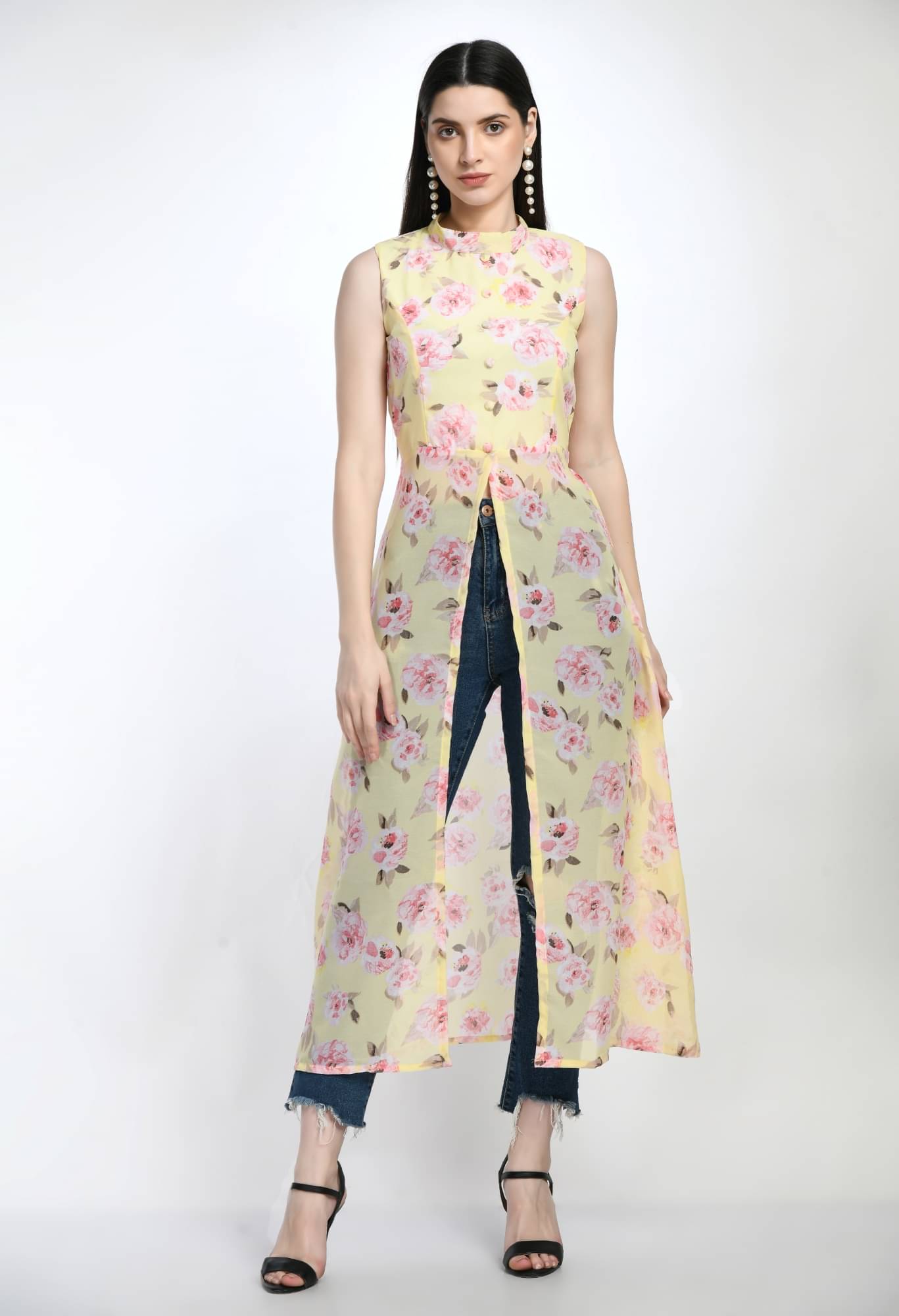     			Divine Bezz Women Georgette Printed Front Slit Kurti ( Yellow )