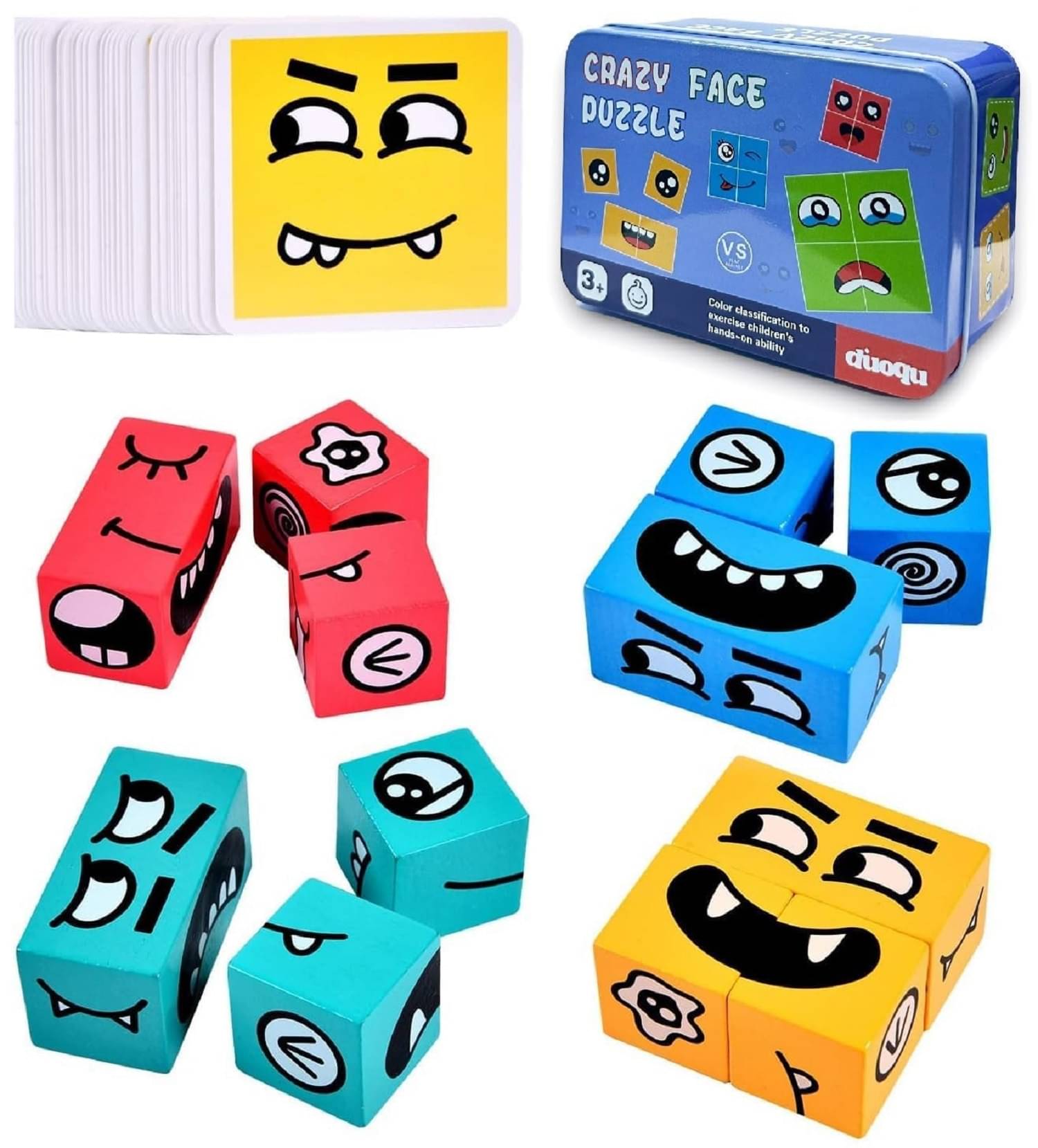     			Face Change Rubika Cube Wooden Puzzle Game Brain Teaser Educational Toy Cards for Kids and Adult Expressions Matching Emoji Face Changing Blocks Toy for Boys Girls Gift