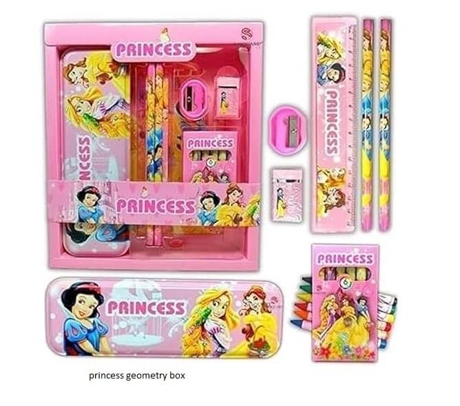     			Freedy Set of 1 Princess Theme Stationery Set for Girls Pencil Box,Pencils, Sharpener, Eraser, Ruler & Crayons Art Metal Pencil Box (Set of 1 Multicolor)