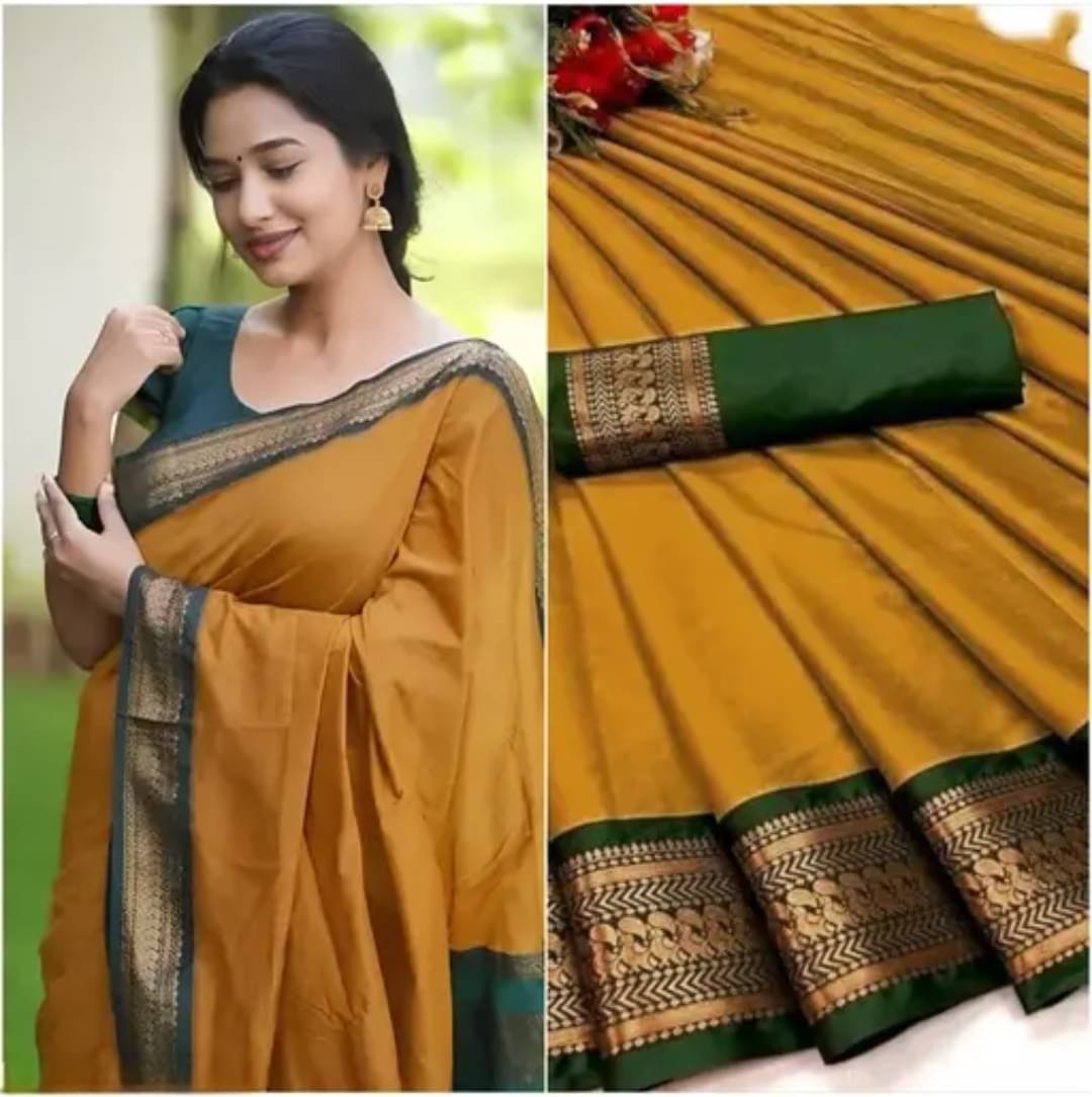 Gazal Fashions Cotton Silk Embellished Regular Saree Without Blouse Piece ( Yellow,Green )     			Gazal Fashions Cotton Silk Embellished Regular Saree Without Blouse Piece ( Yellow,Green )