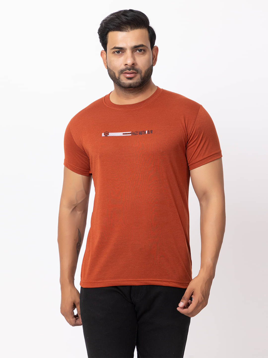 HANABY Men Cotton Blend Regular Fit Printed T-Shirt ( Rust ) HANABY Men Cotton Blend Regular Fit Printed T-Shirt ( Rust )